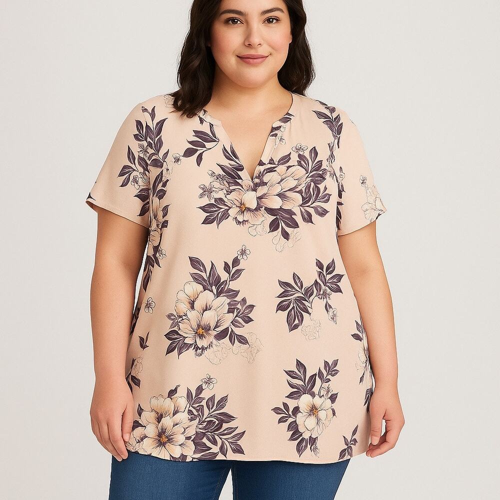 Torrid Floral Tunic Top Blouse Size 1 (US 14/16)  Plus Short Sleeve Pink V-Neck